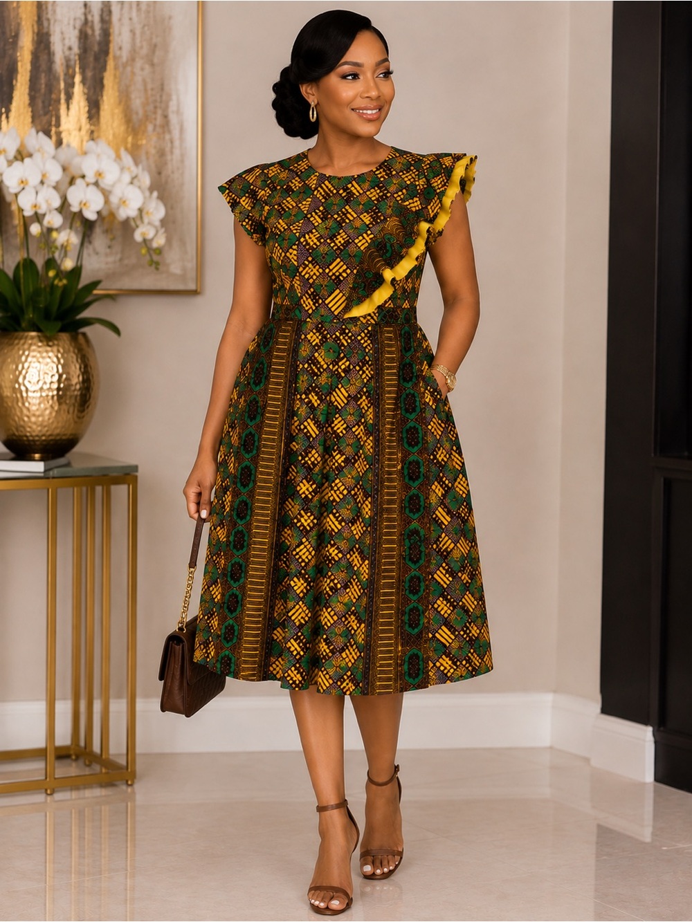 Yellow & Green Print Ruffle Dress